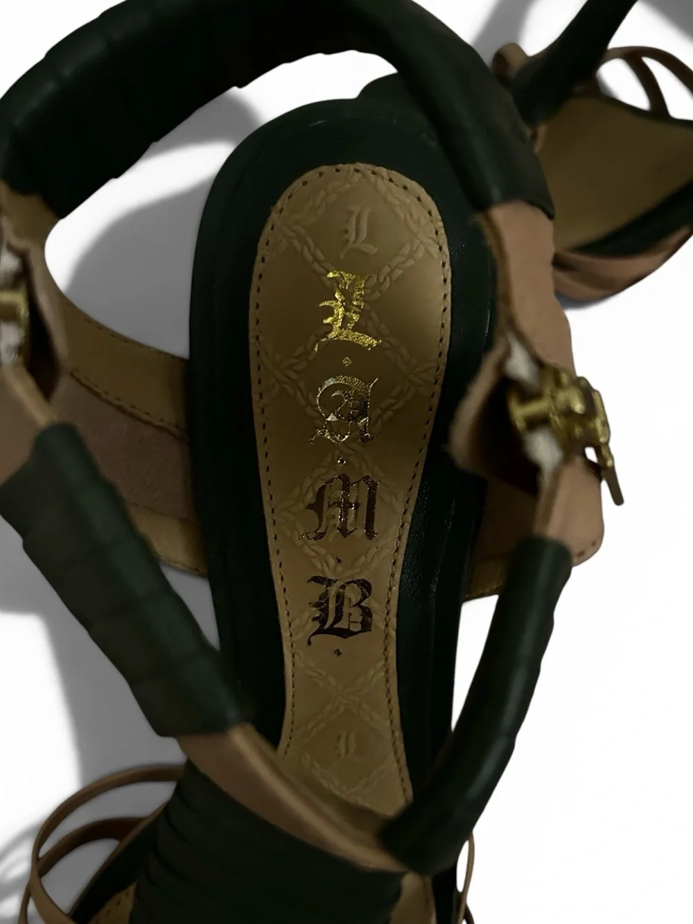 L.A.M.B. Zada Stiletto Cage Ankle Strappy High Heels Size 7.5 Green Tan Leather